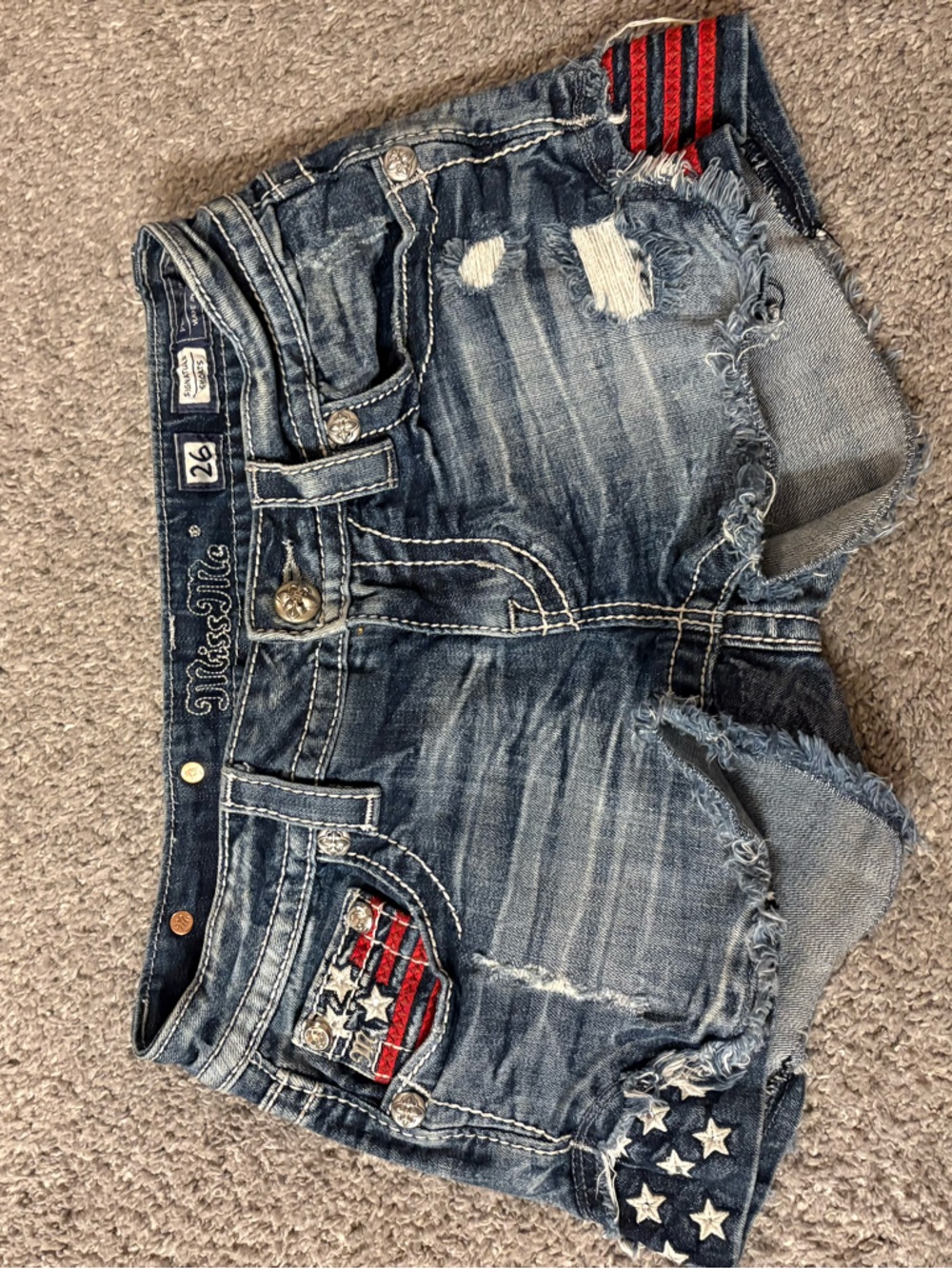 Miss Me Distressed Denim Shorts with Red, White and Blue Flag Stars Accent